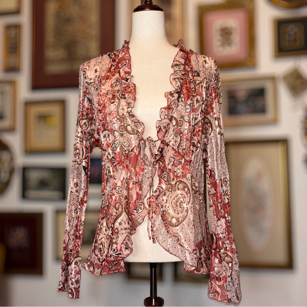 Whimsical Peach and Cream Paisley Ruffle Blouse